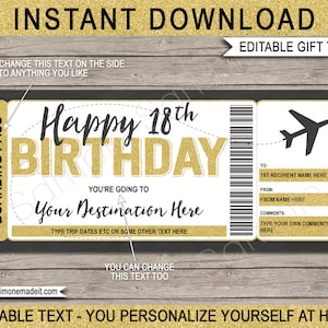 18. Geburtstag Bordkarte Vorlage - Überraschungsreise Geschenk - Gefälschter Flugticket Coupon - Flugzeug Flugziel - EDITIERBARER TEXT DOWNLOAD