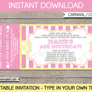 Carnival Birthday Ticket Invitation: Pink Circus Theme (Editable Text - Digital Download)