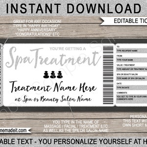 Plantilla de boleto de certificado de cupón de regalo de spa editable imprimible para cualquier ocasión - Tratamiento de spa corporal facial con masaje - DESCARGA INSTANTÁNEA