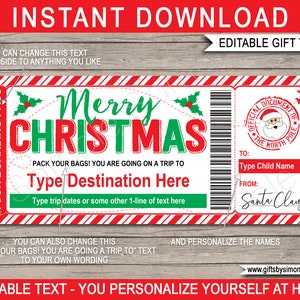 Modelo de cartão de embarque do Papai Noel para crianças - Presente de Natal para impressão - Avião - DOWNLOAD INSTANTÂNEO - Nomes EDITÁVEIS