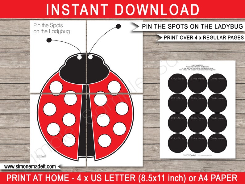 Printable Ladybug Birthday Party Decorations template - Pin he Dots on the Ladybug