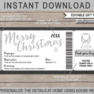 Bearbeitbare Weihnachtszug Bordkarte Geschenkvorlage - Weihnachtsüberraschungszugreise enthüllen - Eisenbahn - Gutschein - INSTANT DOWNLOAD