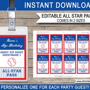 May include: Printable baseball-themed party pass templates. The template features a red, white, and blue color scheme with a baseball graphic and the text "All-Star Pass". The template is customizable with the name, age, and guest name.