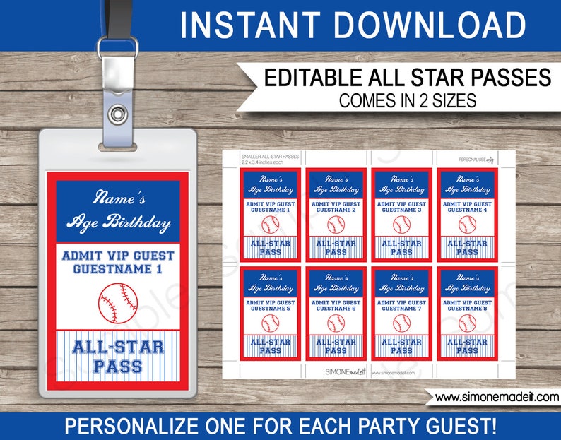 May include: Printable baseball-themed party pass templates. The template features a red, white, and blue color scheme with a baseball graphic and the text "All-Star Pass". The template is customizable with the name, age, and guest name.