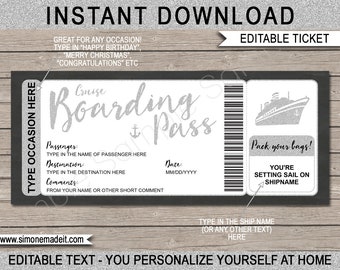 May include: Editable cruise boarding pass ticket template with a silver glitter design. The text says "Boarding Pass" and "Pack your bags! You're setting sail on SHIPNAME".