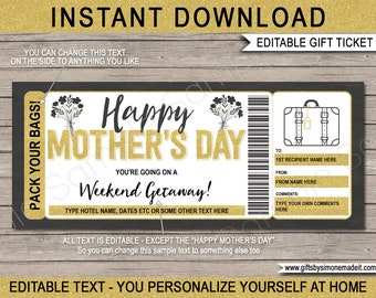 Mothers Day Weekend Getaway Coupon Template - Printable Gift Voucher Certificate Ticket Card - Hotel Stay Reservation - EDITABLE text