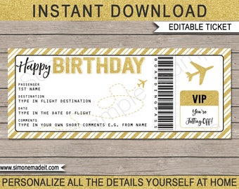 Birthday Boarding Pass Gift - Surprise Trip, Getaway, Holiday Reveal - Printable Gold Plane Ticket Voucher Coupon - EDITABLE TEXT DOWNLOAD