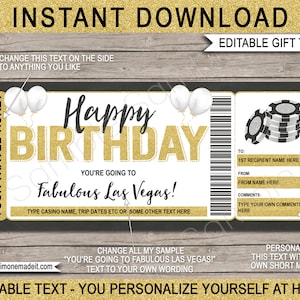 Las Vegas Ticket Template Cadeaubon Certificaat - Afdrukbare verjaardagsreis onthullen - Vakantievakantie uitje Boarding Pass - BEWERKBARE tekst