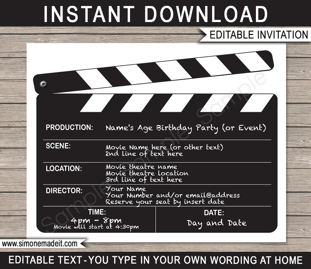 Movie Invitation Template - Printable Birthday Party Invite - Clapboard ...