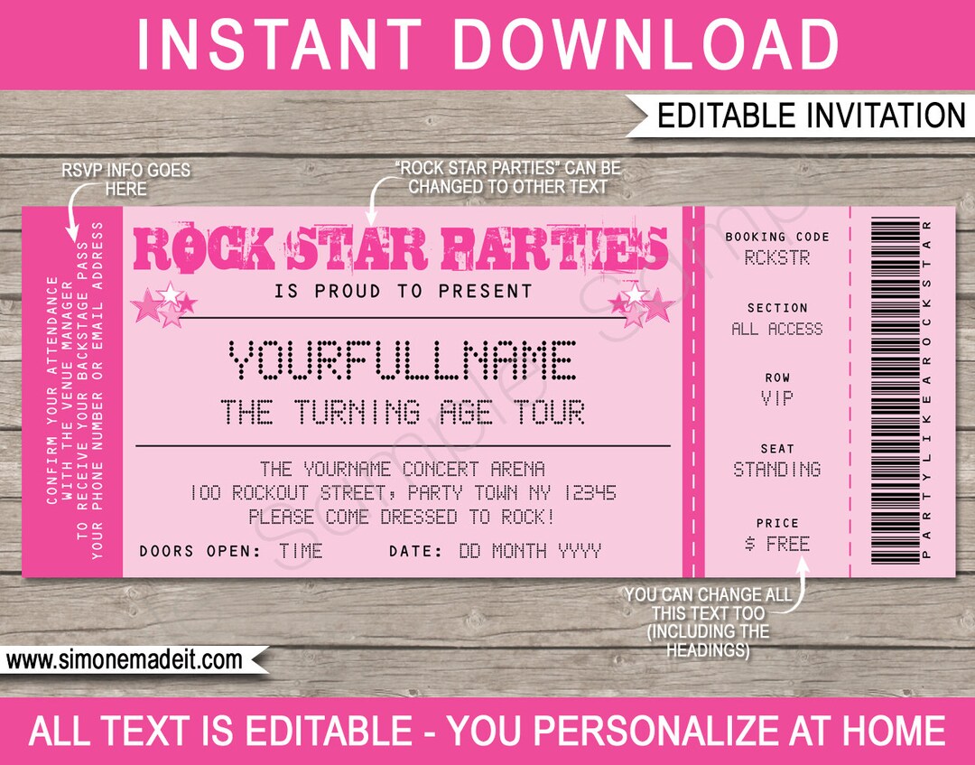 Rockstar Ticket Invitation Template: Editable Birthday Party Invite