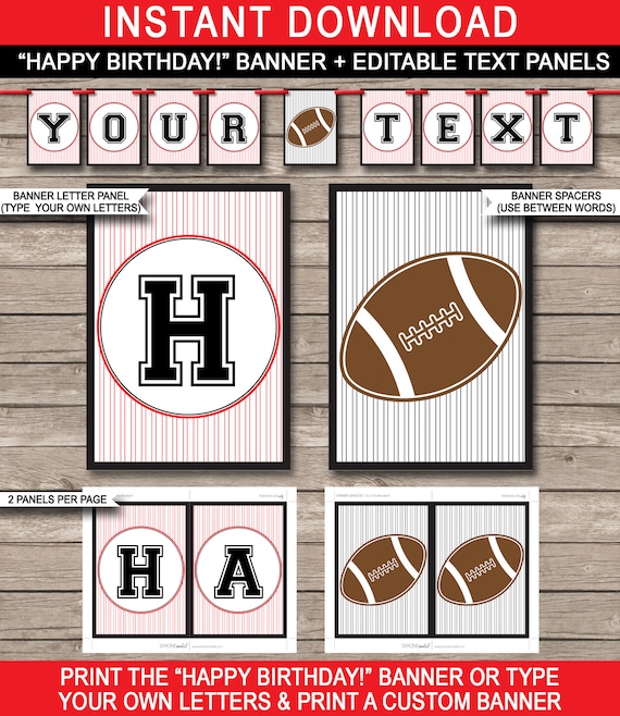 football party banner red black happy birthday bunting instant