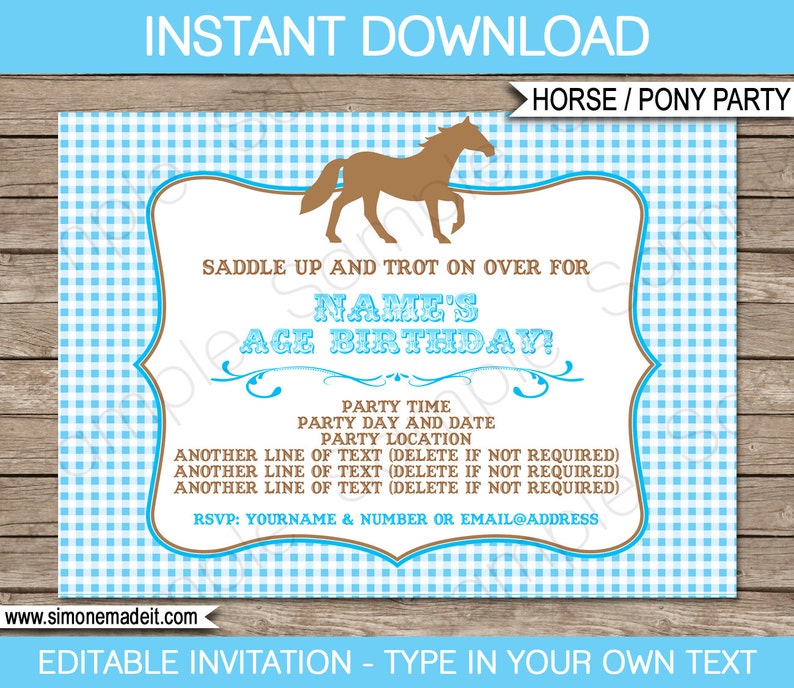Blue Horse Party Invitations /& Decorations INSTANT DOWNLOAD with EDITABLE text full Printable Package you personalize at home