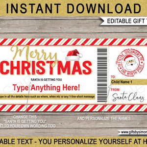 サンタからのギフト券テンプレート（子供用） - 印刷可能なクリスマスバウチャークーポン - プレゼント - 即時ダウンロード - 編集可能なテキスト