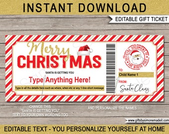 Gift Certificate from Santa Template for Kids - Printable Christmas Voucher Coupon - Present  - INSTANT DOWNLOAD - EDITABLE text