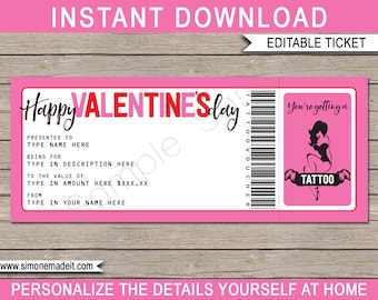 Tattoo Gift Ticket Template - Printable Valentine's Day Gift Certificate Voucher Coupon - INSTANT DOWNLOAD with EDITABLE text