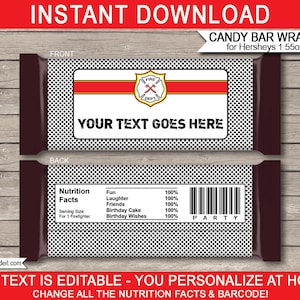 Fireman Candy Bar Wrappers Template Printable Firefighter Theme Birthday Party Favors Chocolate Labels INSTANT DOWNLOAD text EDITABLE image 1