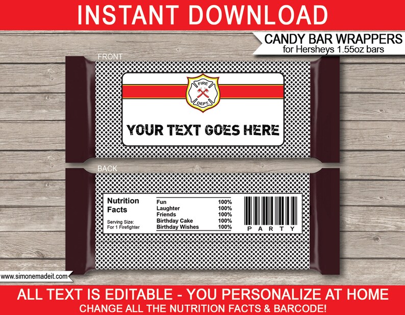 Fireman Candy Bar Wrappers Template Printable Firefighter Theme Birthday Party Favors Chocolate Labels INSTANT DOWNLOAD text EDITABLE image 1