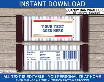 Baseball Party Candy Bar Wrappers: Editable Text (Instant Download)