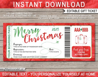 Christmas Boarding Pass Template Plane Ticket Fake - Surprise Trip Reveal Flight Holiday Vacation Airline - INSTANT DOWNLOAD - EDITABLE text