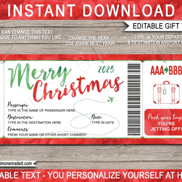 Christmas Boarding Pass Template Plane Ticket Fake - Surprise Trip Reveal Flight Holiday Vacation Airline - INSTANT DOWNLOAD - EDITABLE text
