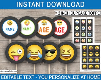 Emoji Theme Cupcake Toppers Template - Printable Boys Birthday Party Decorations - Gift Tags - 2 inch - INSTANT DOWNLOAD with EDITABLE text