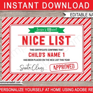 Santas Nice List Certificaatsjabloon - Santas Workshop Noordpool - Bewerkbare en afdrukbare gepersonaliseerde Kerstman - INSTANT DOWNLOAD