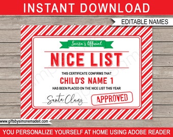 Santas Nice List Certificate Template - Santas Workshop North Pole - Editable & Printable Personalized Santa Claus - INSTANT DOWNLOAD