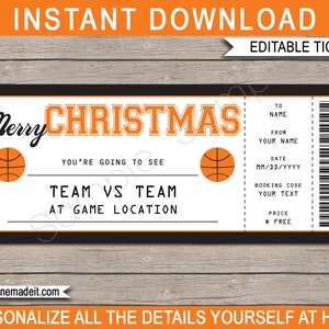 Basketball Game Ticket Weihnachtsgeschenk Vorlage - Druckbare Überraschungskarte für ein Basketballspiel Gutschein - INSTANT DOWNLOAD - EDITIERBARER Text