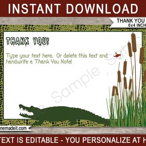Swamp Party Thank You Cards Template - Printable Notes - Birthday Party - 4x6 Inches - INSTANT DOWNLOAD - EDITABLE text
