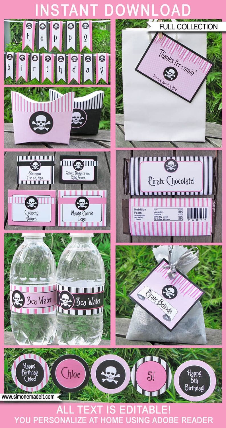 Puede incluir: Decoraciones de fiesta de piratas imprimibles en rosa y negro con un dise&ntilde;o de calavera y huesos cruzados. Incluye pancartas, etiquetas de comida, etiquetas de botellas de agua, bolsas de regalo y adornos para cupcakes. El texto es editable.