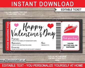 Valentines Day Cruise Ticket Template - Printable Boarding Pass Coupon - Surprise Cruise Reveal Idea - INSTANT DOWNLOAD with EDITABLE text