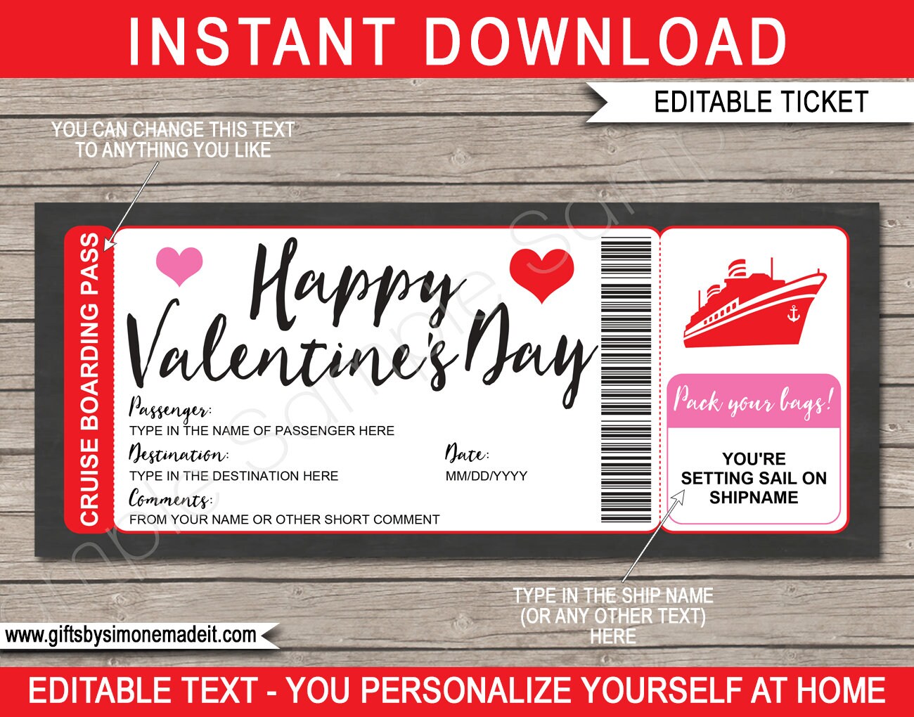 Valentines Day Cruise Ticket Template - Printable Boarding Pass Coupon - Surprise Cruise Reveal Idea - INSTANT DOWNLOAD with EDITABLE text