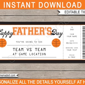 Vatertag Basketball Ticket Geschenk - Druckbare Basketball Spiel Gutschein Zertifikat Karte Coupon - Überraschung für Papa - EDITIERBARER TEXT DOWNLOAD