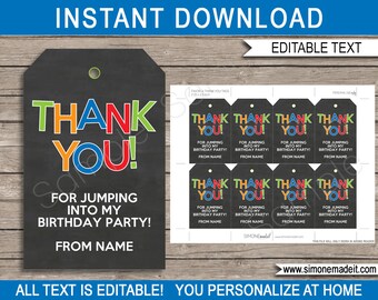 Etiquetas de regalo para fiesta de cumpleaños con trampolín: notas de agradecimiento editables (descarga instantánea)