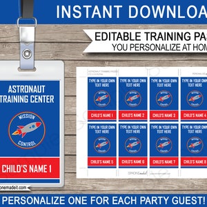Space Party Astronaut Training Pass Template - Printable Birthday Party Decoration Game Ideas - Favor Tags - Mission Control - EDITABLE TEXT