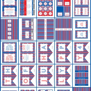 May include: Printable 4th of July party decorations in red, white, and blue with a striped pattern. The set includes invitations, banners, signs, and labels. The text "4th of July" is featured on the printable decorations.