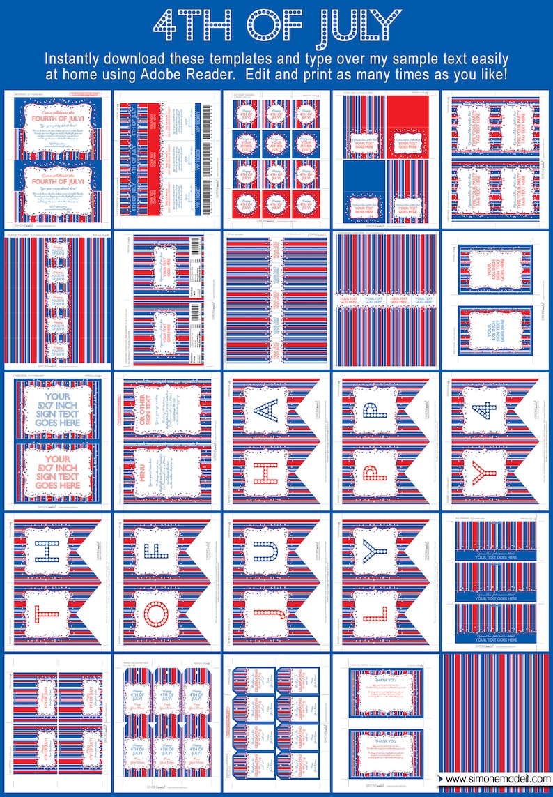 May include: Printable 4th of July party decorations in red, white, and blue with a striped pattern. The set includes invitations, banners, signs, and labels. The text "4th of July" is featured on the printable decorations.
