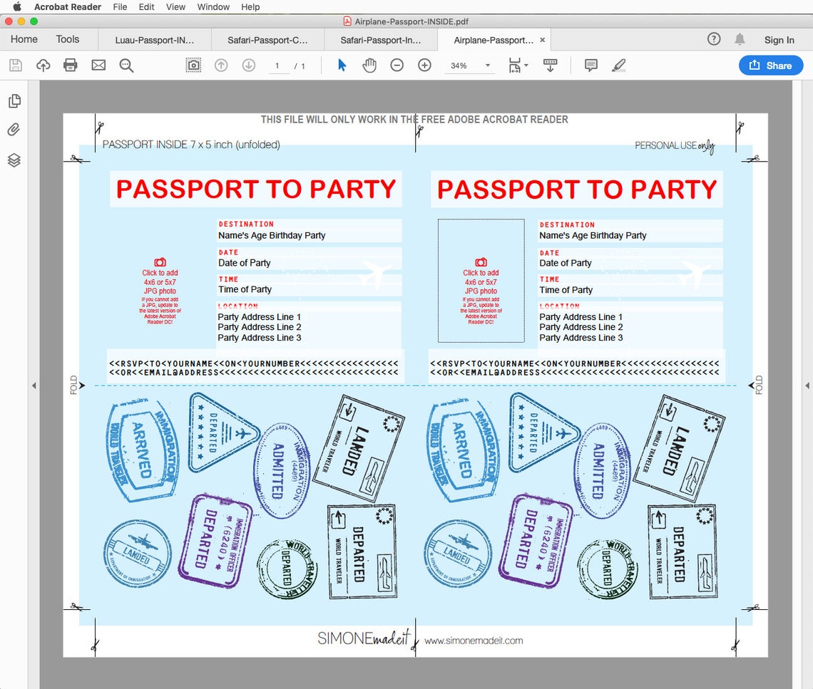 Passport Invitations Printable Photo Invite Airplane Theme - Etsy