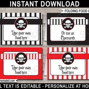 Pirate Food Labels Template Afdrukbare verjaardagsfeestdecoraties Piratenthema Buffet Tags Plaatskaarten BEWERKBARE TEKST DOWNLOAD afbeelding 1