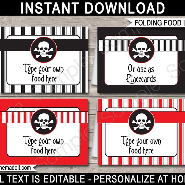 Pirate Food Labels Template - Printable Birthday Party Decorations - Pirate Theme - Buffet Tags - Place Cards - EDITABLE TEXT DOWNLOAD