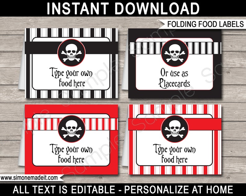 Pirate Food Labels Template Afdrukbare verjaardagsfeestdecoraties Piratenthema Buffet Tags Plaatskaarten BEWERKBARE TEKST DOWNLOAD afbeelding 1