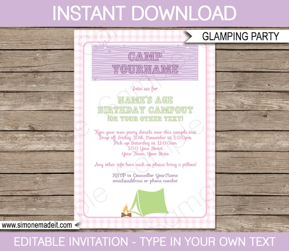 glamping invitation template girls camping birthday party