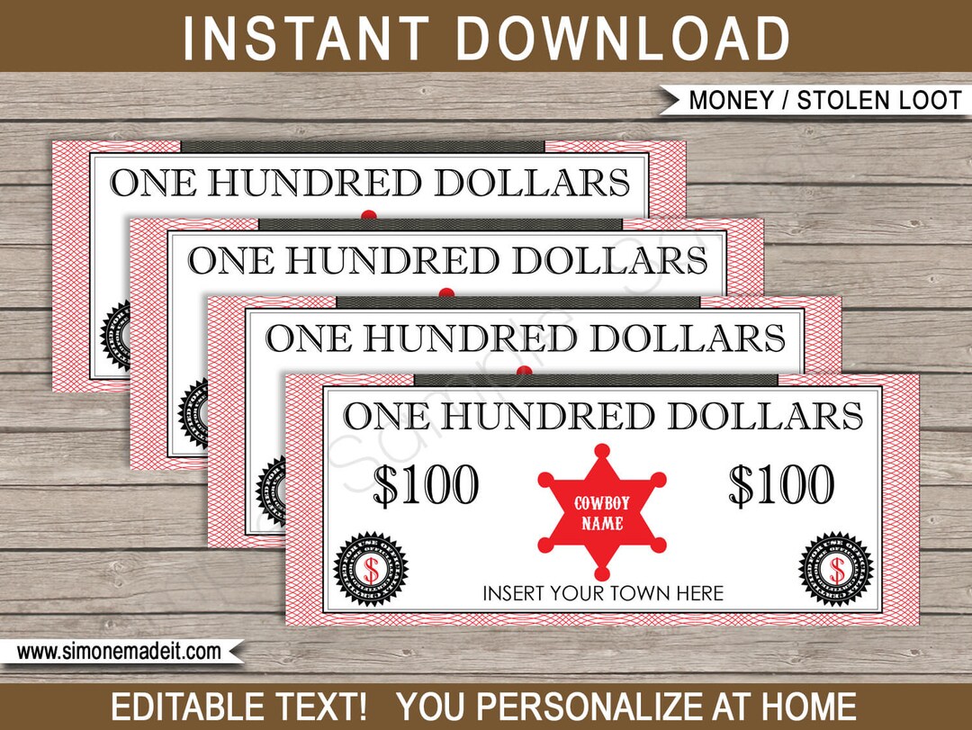Printable Cowboy Play Money Template - Printable Birthday Party Games ...