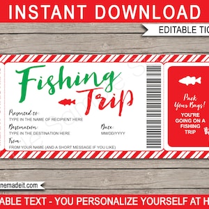 Surprise Fishing Trip Ticket Christmas Gift Voucher Pass Certificate Fishing trip holiday vacation INSTANT DOWNLOAD EDITABLE text image 1