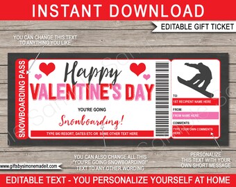Snowboarding Trip Ticket Valentine's Day Gift Voucher Pass Certificate Template Printable - Surprise Ski Holiday Vacation - EDITABLE TEXT