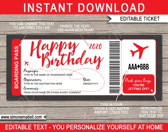 Printable Plane Ticket Surprise Trip Reveal Birthday Gift Template 