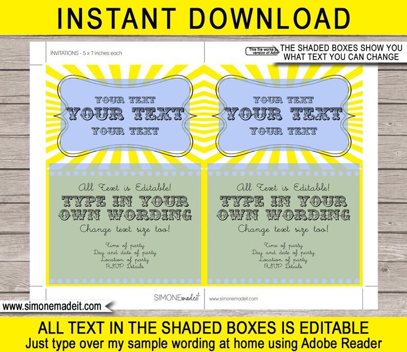 Op de afbeelding: Twee printbare uitnodigingen van 12,7x17,8 cm met een geel en blauw circus thema. De tekst "YOUR TEXT" is in een groot, vet lettertype en is bewerkbaar. De tekst "All Text is Editable! Type in your own wording. Change text size too!" is ook bewerkbaar. De uitnodigingen zijn perfect voor een verjaardagsfeestje of een andere speciale gelegenheid.