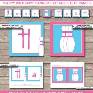 K&ouml;nnte beinhalten: Druckbare "Happy Birthday!"-Girlande mit rosa und blauen Bowling-Pin-Grafiken. Die Girlande enth&auml;lt editierbare Textfelder und Buchstabenfelder, um die Nachricht anzupassen.