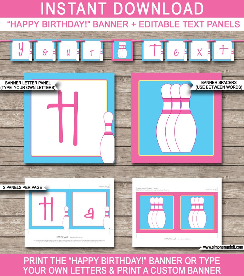 K&ouml;nnte beinhalten: Druckbare "Happy Birthday!"-Girlande mit rosa und blauen Bowling-Pin-Grafiken. Die Girlande enth&auml;lt editierbare Textfelder und Buchstabenfelder, um die Nachricht anzupassen.