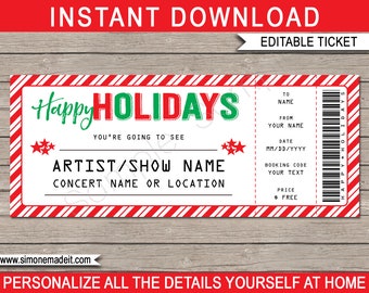 Concert Ticket template - Printable Holiday Gift - Surprise Show Band Artist Festival - Gift Certificate - INSTANT DOWNLOAD - EDITABLE text